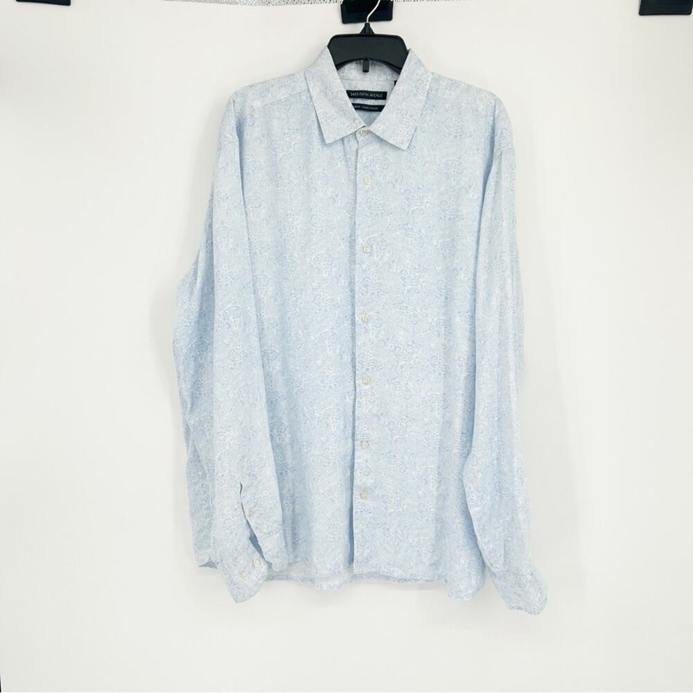 Saks Fifth Avenue Light‎ Blue Paisley Button-Up Slim Fit Shirt Sz XXL 100% Linen